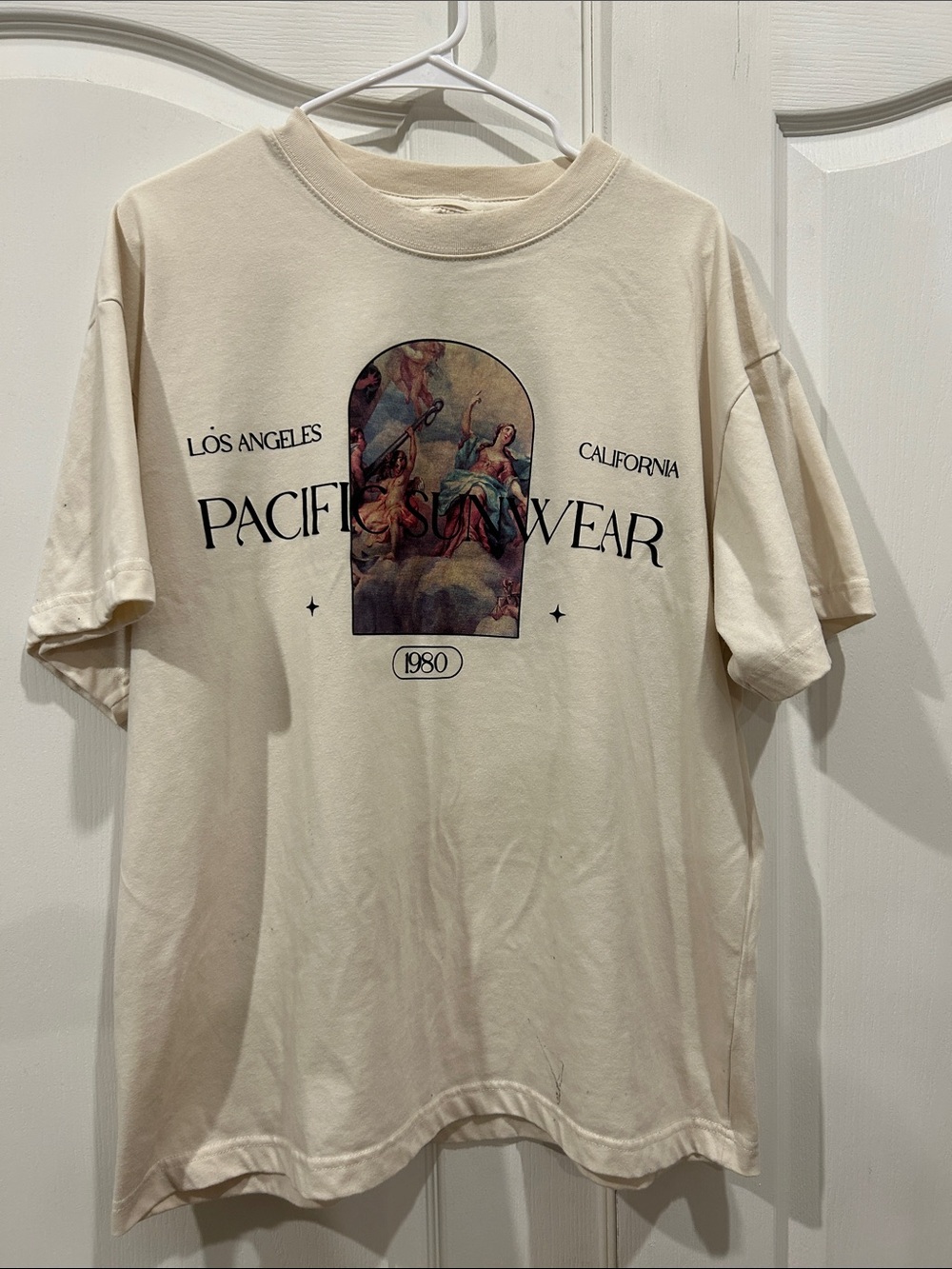 Pacific Sunwear Pacsun Cream Short-Sleeve Graphic Tee with Multicolor print in L